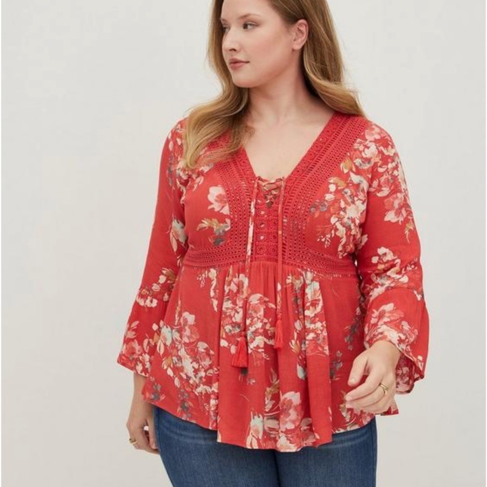 Torrid Babydoll Gauze Crochet Trim Lace-Up Top
